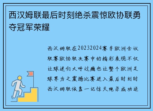 西汉姆联最后时刻绝杀震惊欧协联勇夺冠军荣耀